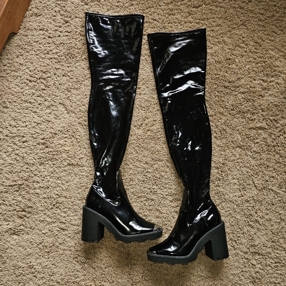 Asos Over The Knee Boots Patent Leather Vegan Chunky Heel